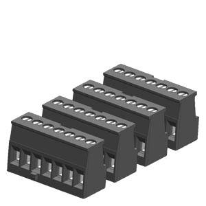 Quatre blocs de bornes électriques noirs alignés. Chaque bloc dispose de cinq points de connexion pour les fils.