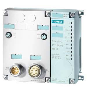 Dispositif de commande industriel de la marque 'Siemens', modèle 'SIMATIC ET 200pro PN HF', avec plusieurs connexions et voyants de contrôle.