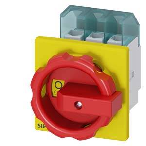 Interrupteur de sécurité jaune avec une poignée rouge de commande pour la fonction d'arrêt d'urgence, portant un symbole de sécurité électrique.