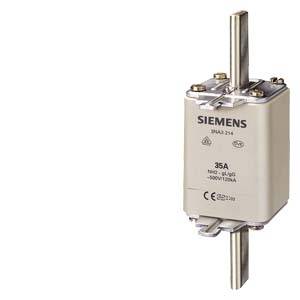 'Siemens 3NA3 214 Fusible, 35A, 500V, 100kA' sur un fond gris.