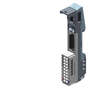 Module sur rail DIN avec logo Siemens ; contient des connexions et des bornes électroniques, adapté aux systèmes d'automatisation industrielle.