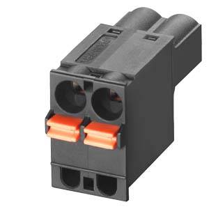 Connecteur électrique noir et orange à deux broches, montrant un gros plan des bornes de connexion.