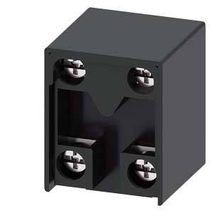 Boîtier gris, cubique, de composant électrotechnique avec quatre vis métalliques dans les coins, probablement un support de relais.