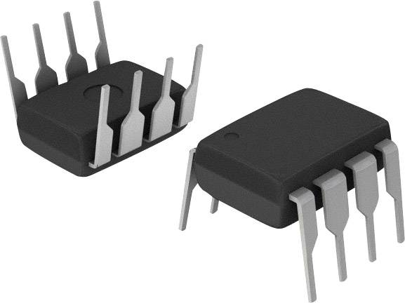 Deux circuits intégrés noirs avec huit broches métalliques chacun sur un fond blanc, présentant différentes perspectives de composants électriques.