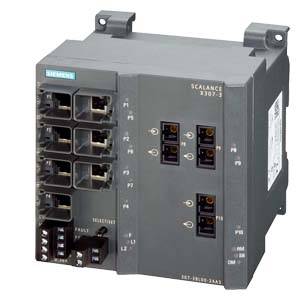 Composant de coffret électrique, Siemens Scalance X307-3. Dix connexions réseau, voyants de statut. Numéro de modèle visible.