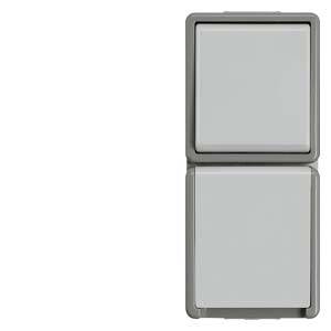 Interrupteur double gris avec touches carrées, adapté à une utilisation dans des environnements humides, monté sur un mur blanc.