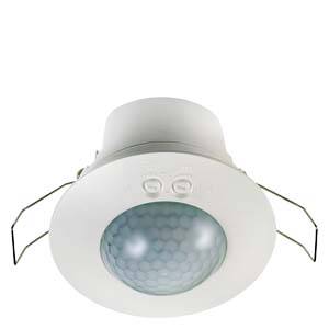 Un détecteur de mouvement de plafond rond avec deux boutons présente un design en nid d'abeille sur la zone de détection. Adapté pour les espaces intérieurs.