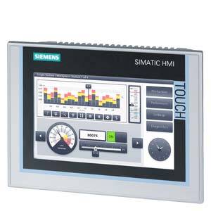 Un écran HMI Simatic affiche une interface graphique avec des diagrammes à barres, des chiffres et des touches pour le contrôle des processus industriels.