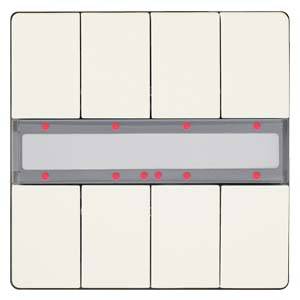 Un interrupteur rectangulaire avec huit touches rectangulaires et une bande horizontale centrale. Des points rouges marquent les positions.