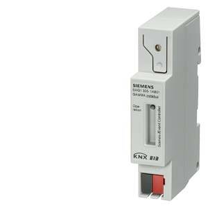 Un régulateur de courant Siemens, orienté verticalement. Contient un logo KNX. Utilisé pour le contrôle et la régulation des appareils électriques.
