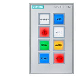 Un panneau de commande Siemens SIMATIC HMI avec des touches : 'DÉMARRER', 'ARRÊTER', 'AUTO', 'MANU', 'QUITTER', 'KP8', ainsi qu'un symbole d'avertissement.