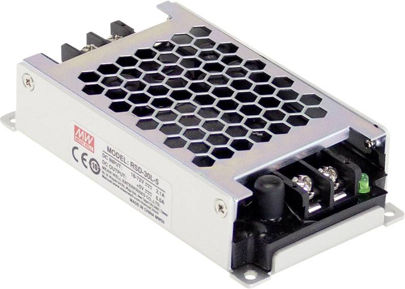 'Bloc d'alimentation métallique, modèle RSD-60L-5, avec ventilation en nid d'abeilles. Comprend des connecteurs et le marquage CE. Forme rectangulaire.'