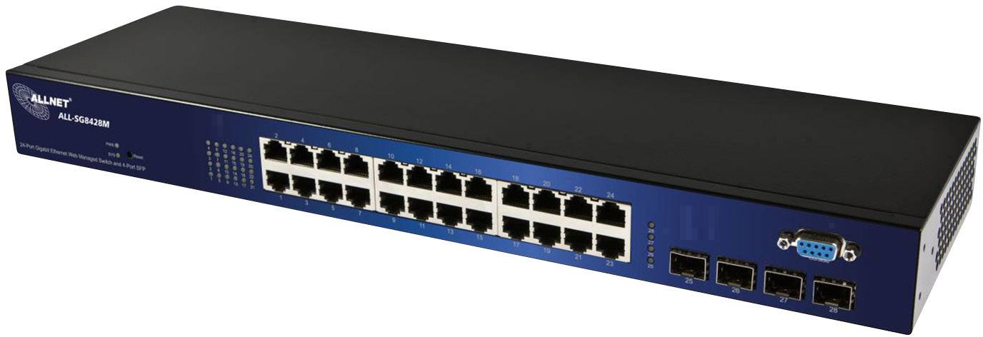 Un commutateur réseau avec 24 ports Ethernet et 4 interfaces supplémentaires. Boîtier en bleu et noir.