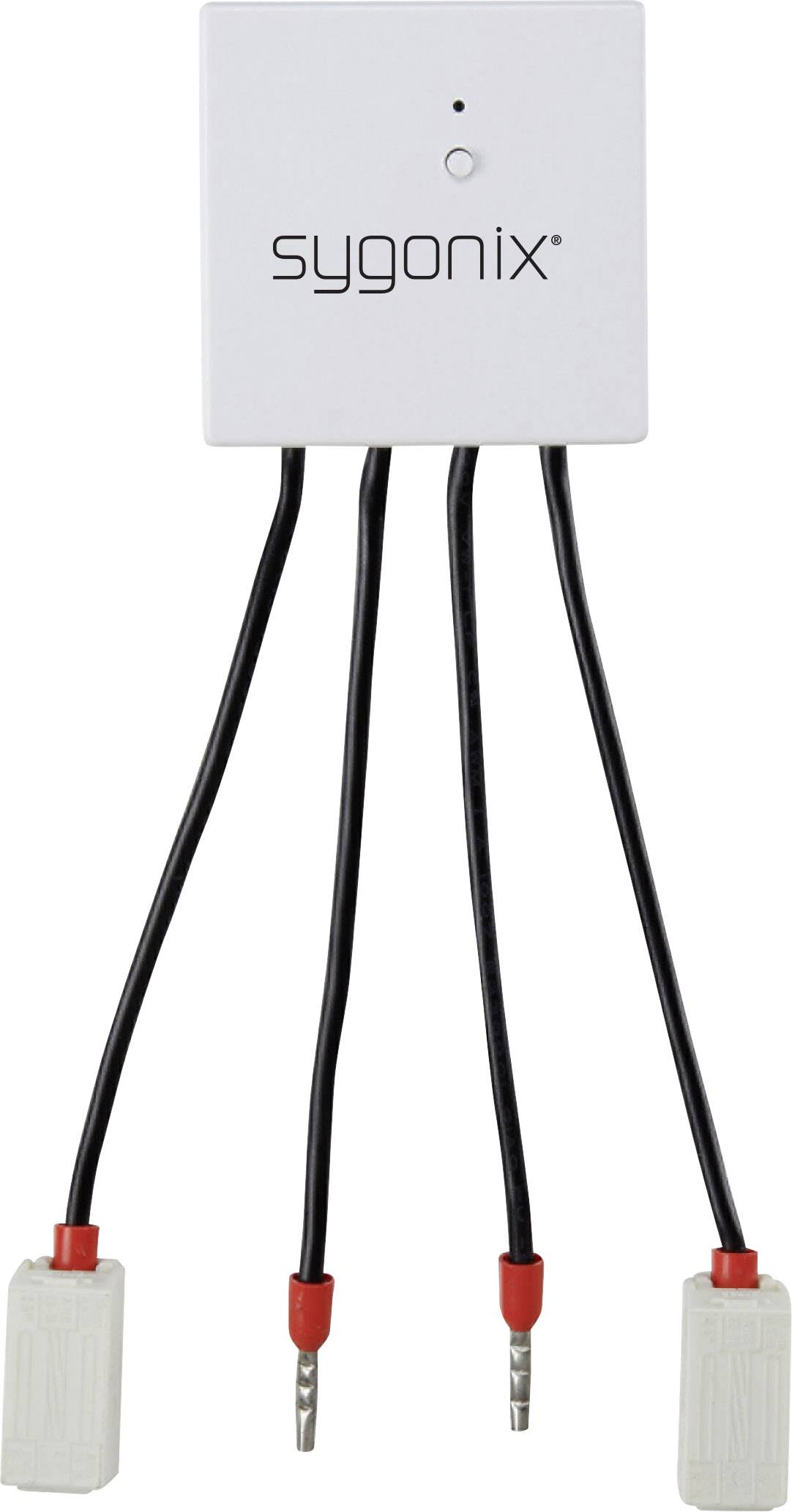 Appareil numérique blanc de 'sygonix' avec quatre câbles noirs et connecteurs. Principalement destiné à des applications techniques.