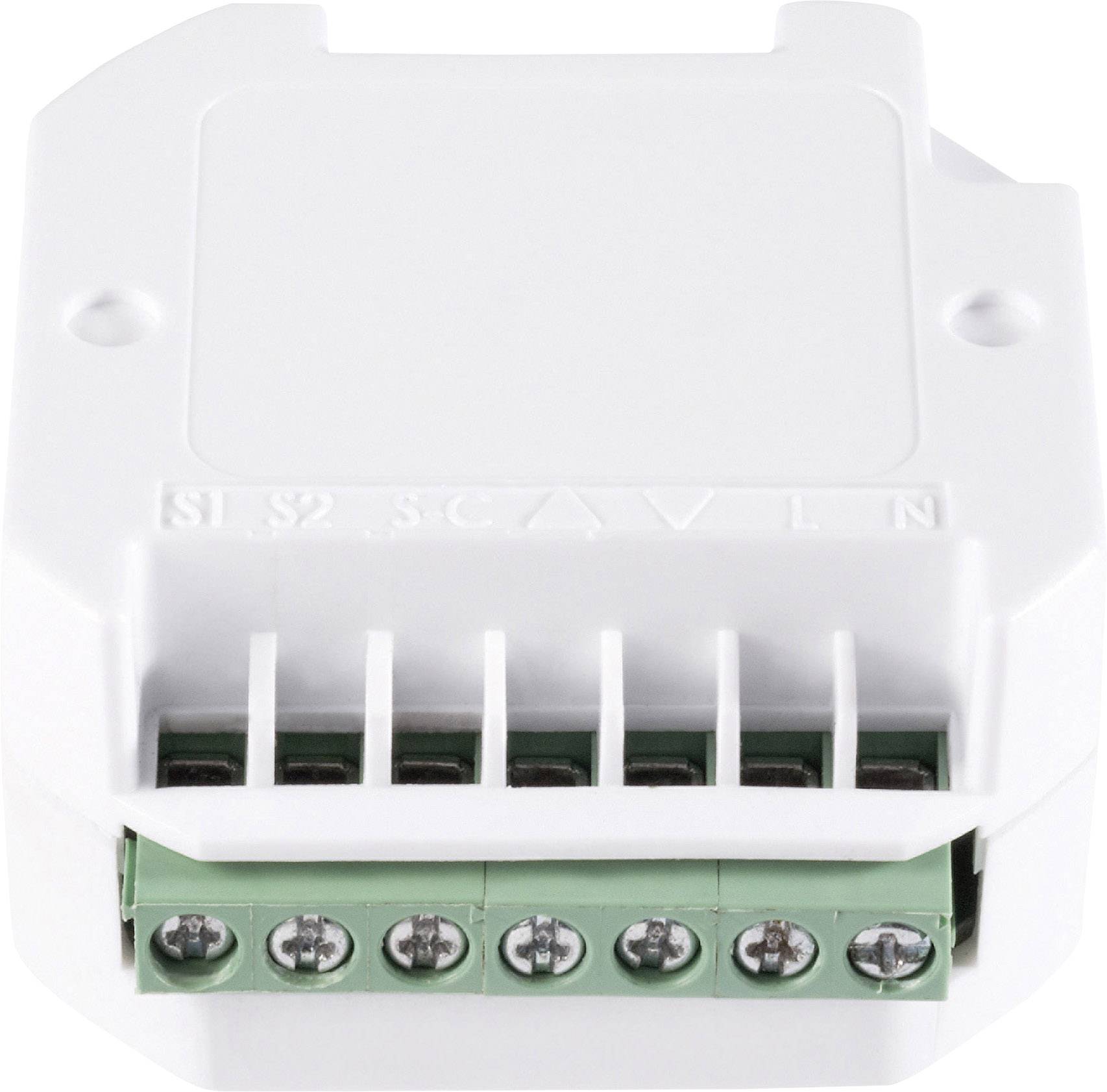 Module électrique blanc avec six bornes à vis sur la face inférieure, marquées 'S1 S2 S C AVL N'.