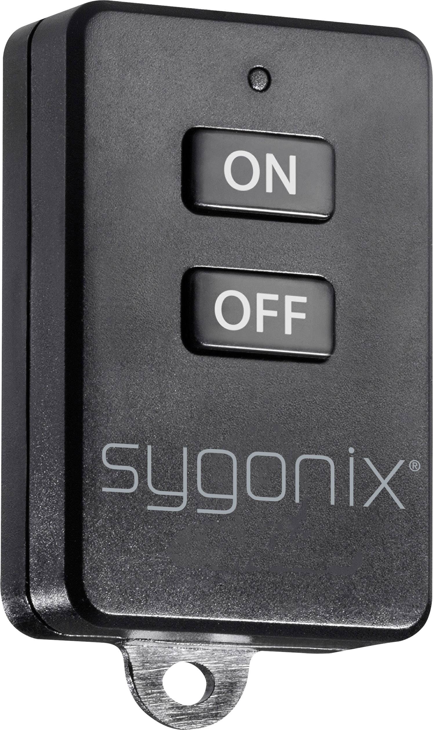 Télécommande avec deux boutons : ON et OFF. Logo : sygonix. Boîtier noir avec œillet en bas.