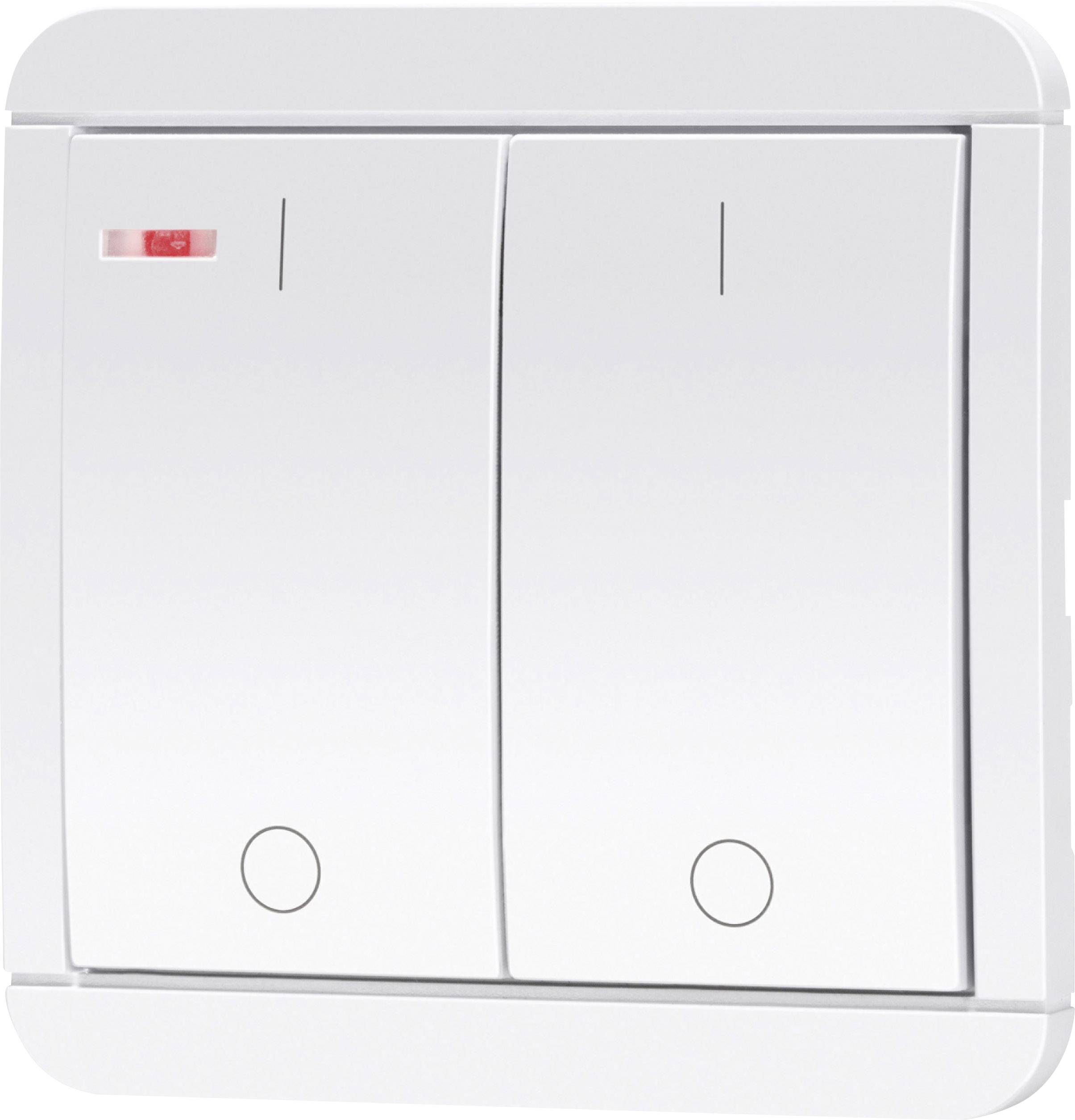 Deux interrupteurs blancs côte à côte sur un mur. L'interrupteur de gauche affiche un voyant rouge ; les deux interrupteurs sont éteints.