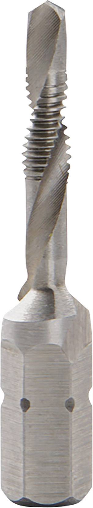 Un foret à spirale en argent avec un taraud en HSS, adapté à la réalisation de filetages internes, visible sur un fond blanc.