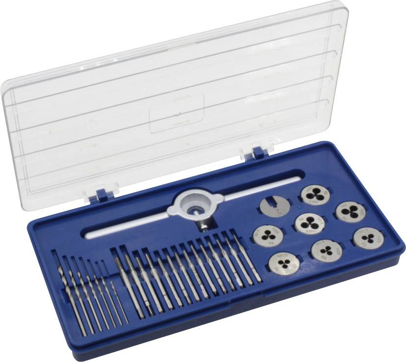 Ein Set von Gewindeschneidern in einer blauen, offenen Box mit verschiedenen Lochformen, geeignet für Metall- und Holzbearbeitung.
