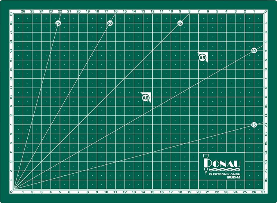 Tapis de coupe avec lignes de quadrillage et angles, graduées en centimètres. Plusieurs formats marqués, dont A5 et A6.