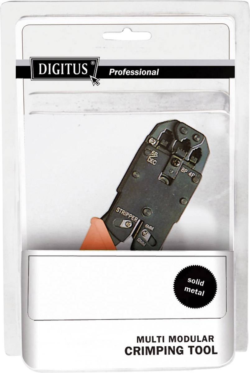Outil de sertissage multimodulaire 'Multi Modular Crimping Tool' dans son emballage, de marque 'DIGITUS', avec une poignée orange, adapté pour le sertissage de connecteurs.