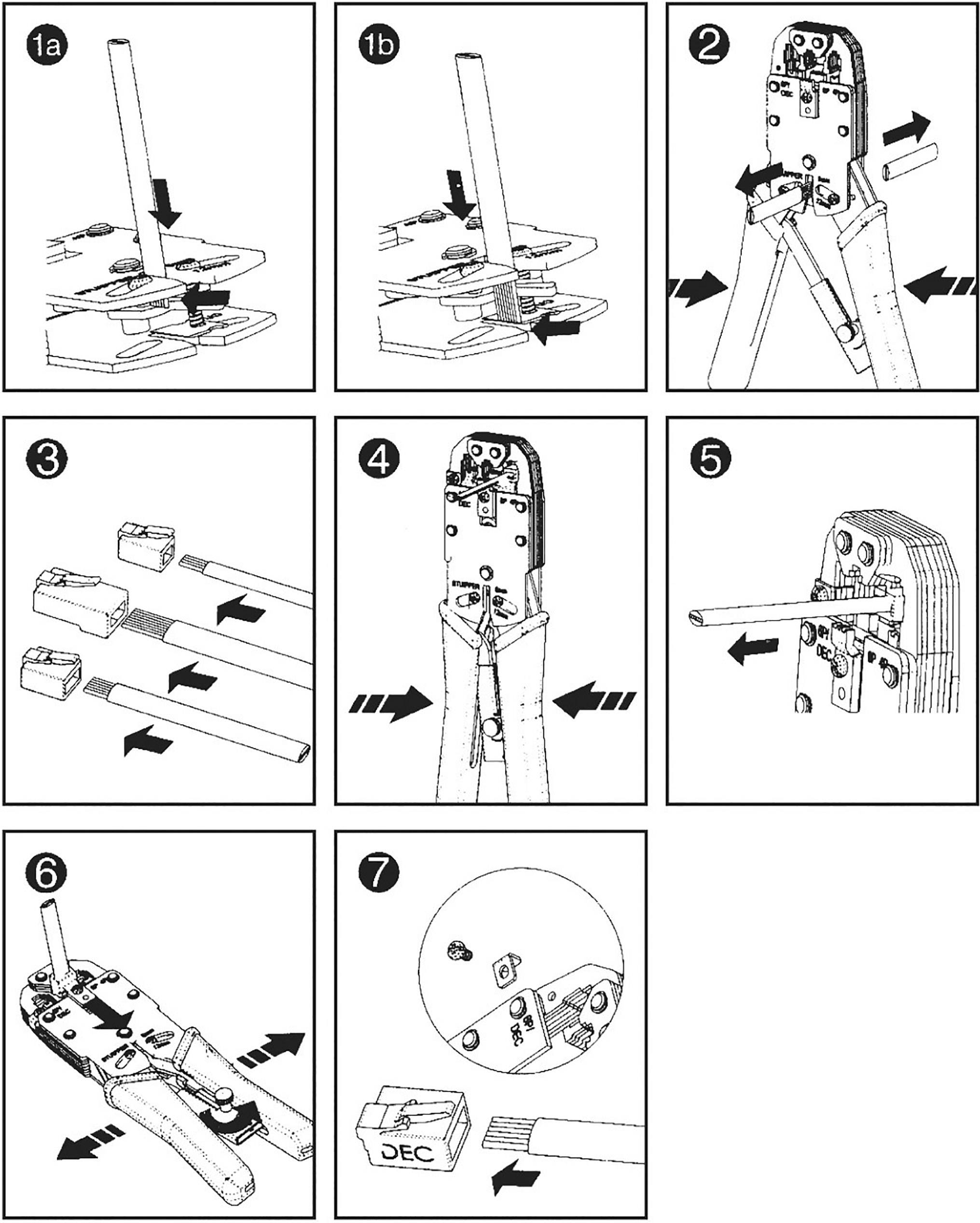 La figure montre sept étapes pour sertir un connecteur RJ45 avec une pince à sertir : dénuder le câble, placer la fiche, sertir, vérifier.