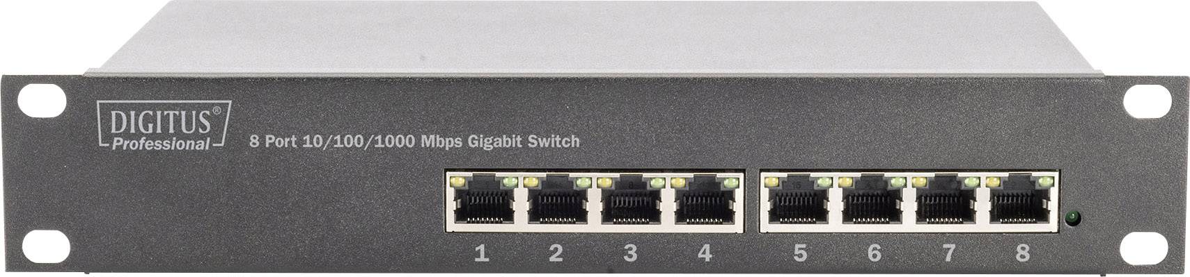 Un switch Gigabit à 8 ports de DIGITUS Professional. Le devant présente huit ports Ethernet pour la connectivité réseau.