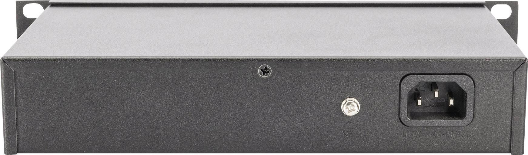 Un appareil électronique rectangulaire noir avec une prise d'alimentation et une vis sur le côté droit.