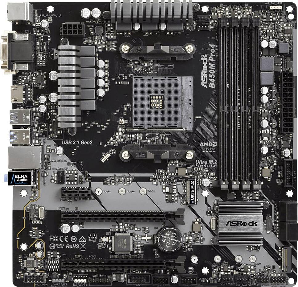 ASRock B450M-Pro4 Carte mère Socket (PC) AMD AM4 Facteur de forme (détails) Micro-ATX Chipset de la carte mère AMD® B450