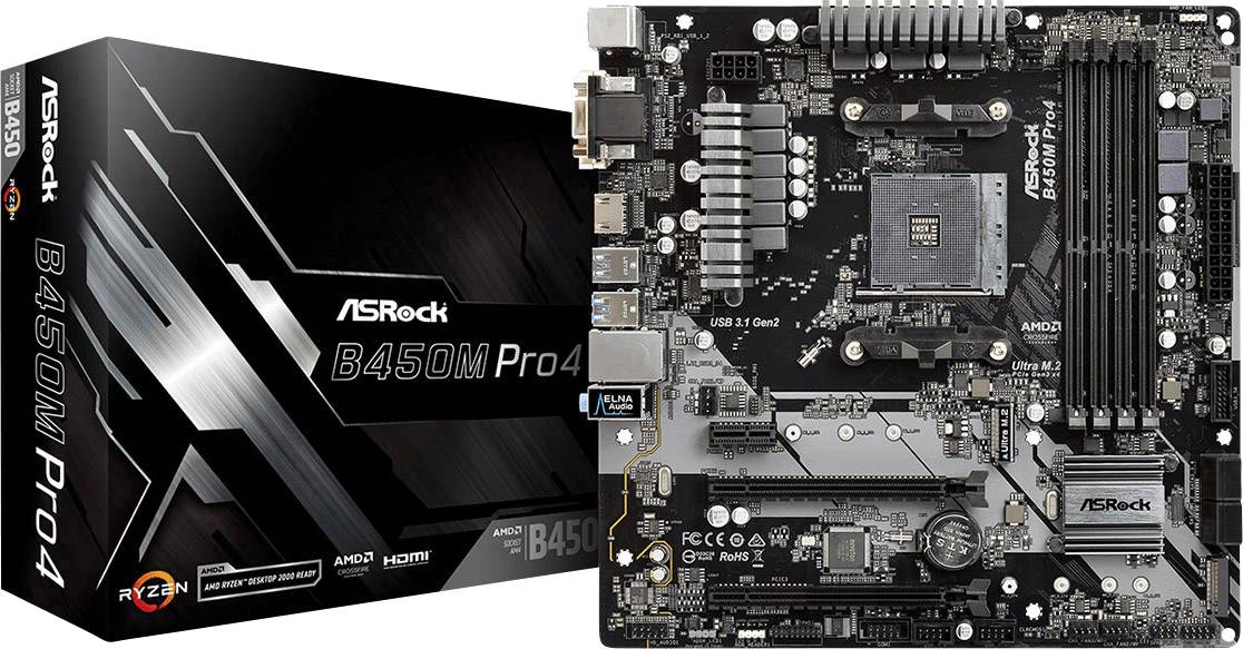 ASRock B450M-Pro4 Carte mère Socket (PC) AMD AM4 Facteur de forme (détails) Micro-ATX Chipset de la carte mère AMD® B450