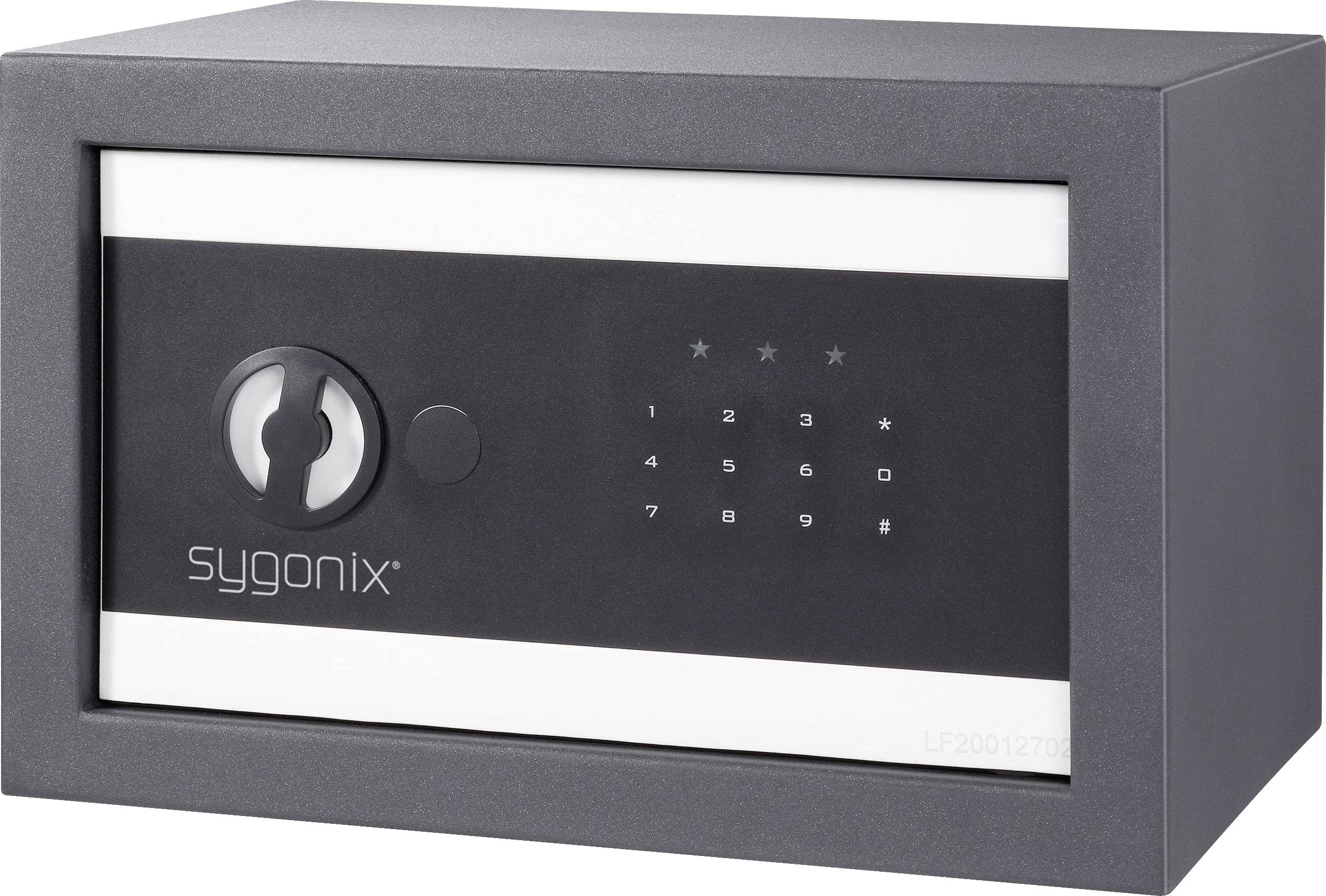 Coffre-fort gris avec serrure électronique à code et bouton rotatif sur la façade, fabriqué par sygonix, pour un rangement sécurisé.
