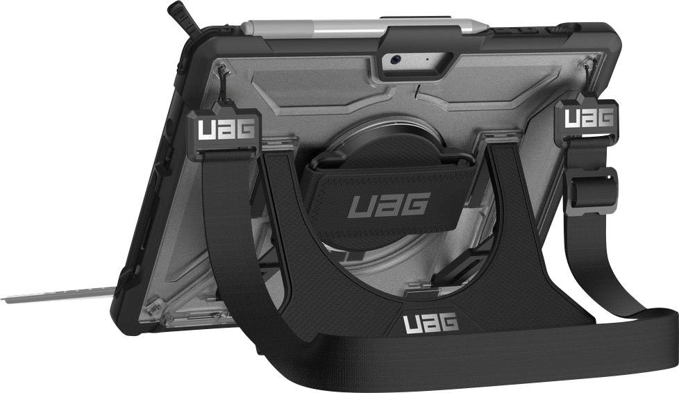 Étui de protection noir UAG pour tablette avec sangle d'épaule réglable. Design robuste avec fonction de support intégré.