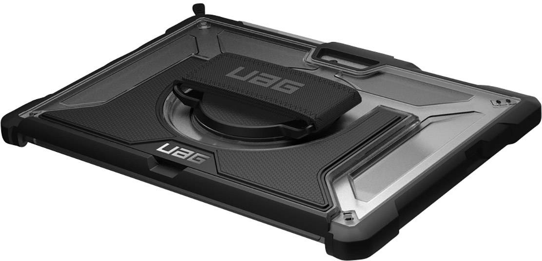 Étui de protection UAG avec poignée pivotante pour tablettes, offrant une prise en main sécurisée et une protection efficace, dans un design robuste, principalement en noir et argent.