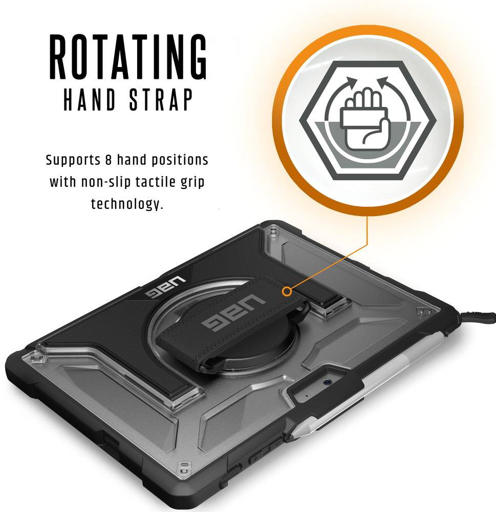 Tablette noire avec une sangle de main rotative qui prend en charge 8 positions de main. Le texte explique la technologie de préhension antidérapante.