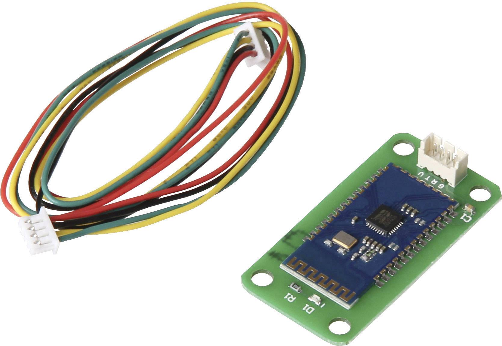 Module Bluetooth vert avec carte de circuit imprimé bleue, connecteur et câble multicolore avec fiches blanches, sur fond blanc.