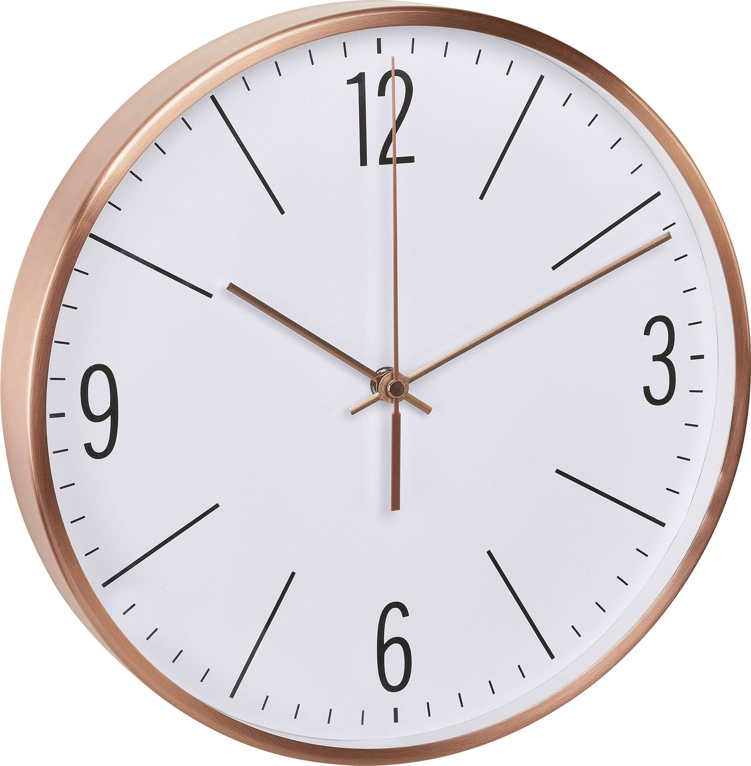 Horloge murale ronde avec un cadre couleur cuivre, un cadran blanc et des chiffres noirs. Les aiguilles sont pointées sur douze heures.