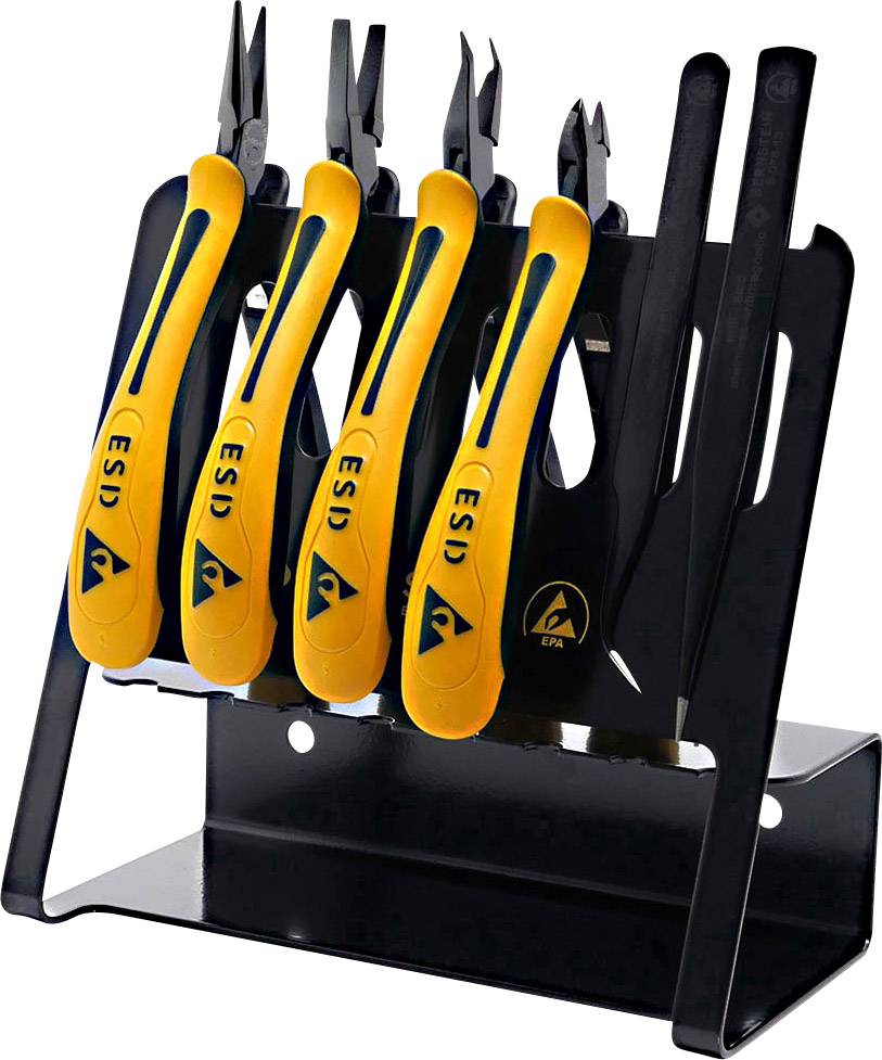 Un ensemble d'outils composé de quatre outils manuels jaune et noir (pinces, ciseaux) dans un support noir, adapté aux travaux électroniques.