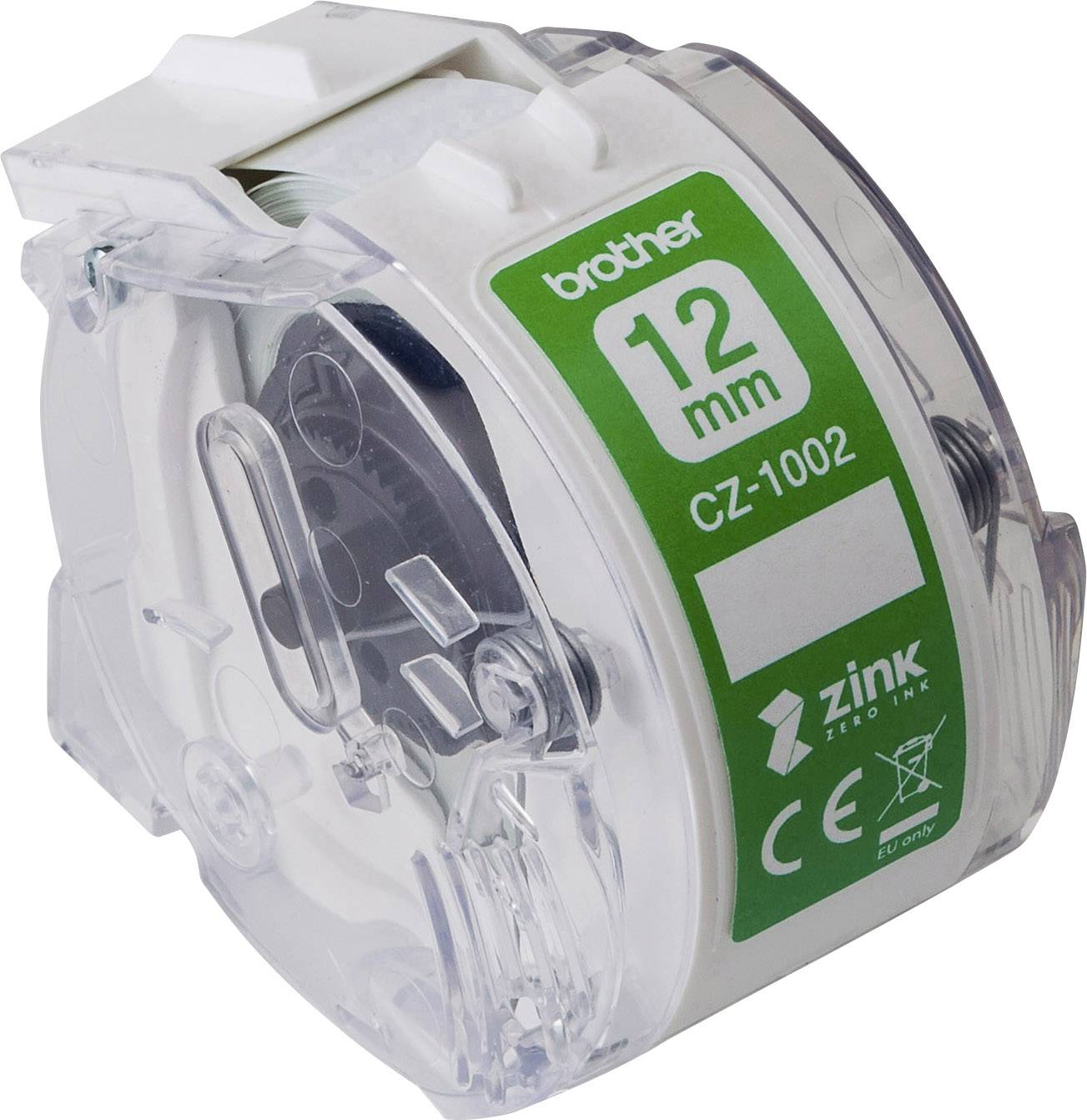 Cassette d'étiquettes Brother CZ-1002 de 12 mm dans un boîtier transparent avec impression verte, compatible avec les imprimantes ZINK.