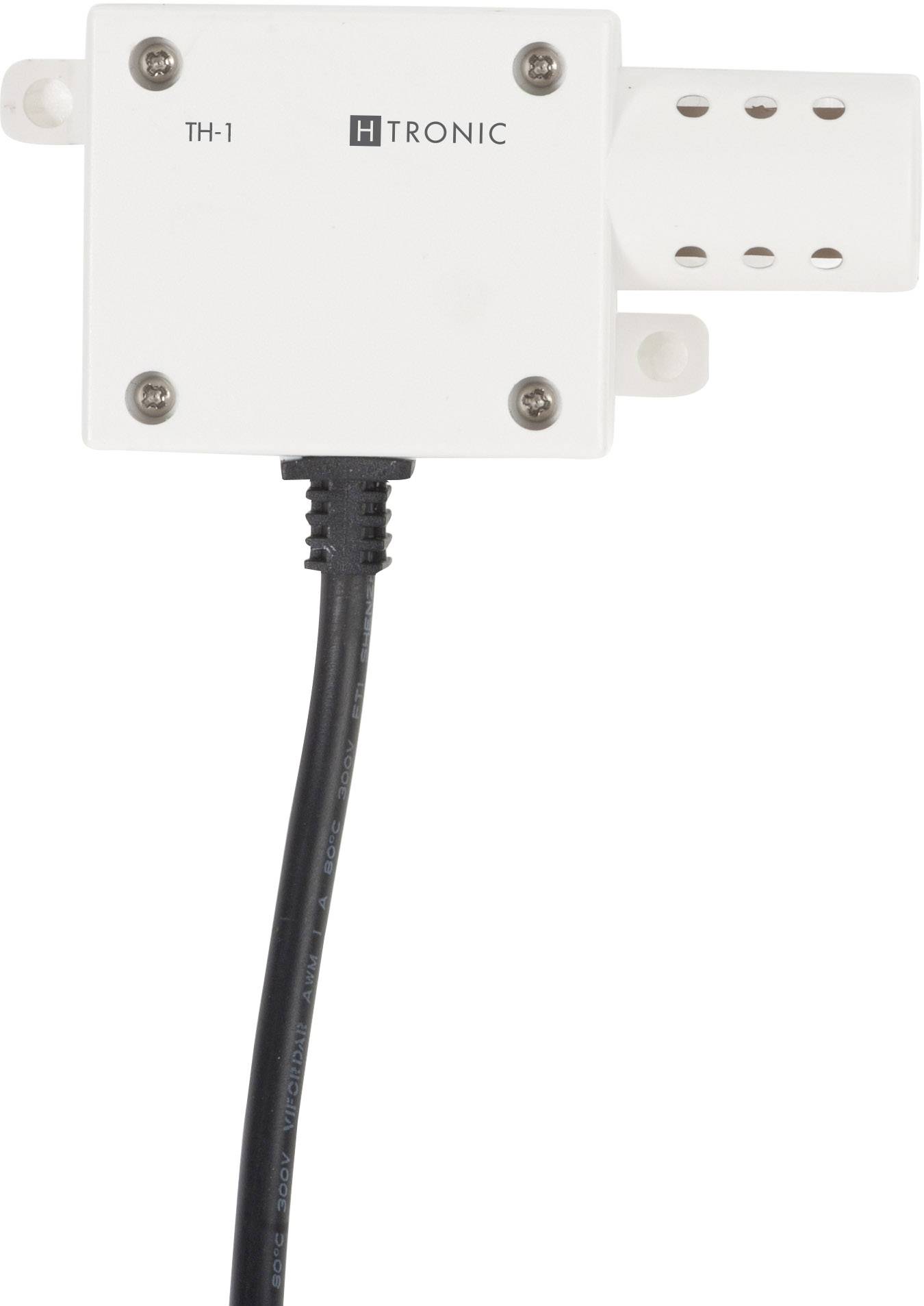 Appareil électronique blanc portant l'inscription 'H Tronic TH-1' avec un câble noir. Il semble probablement servir de capteur ou d'unité de commande.