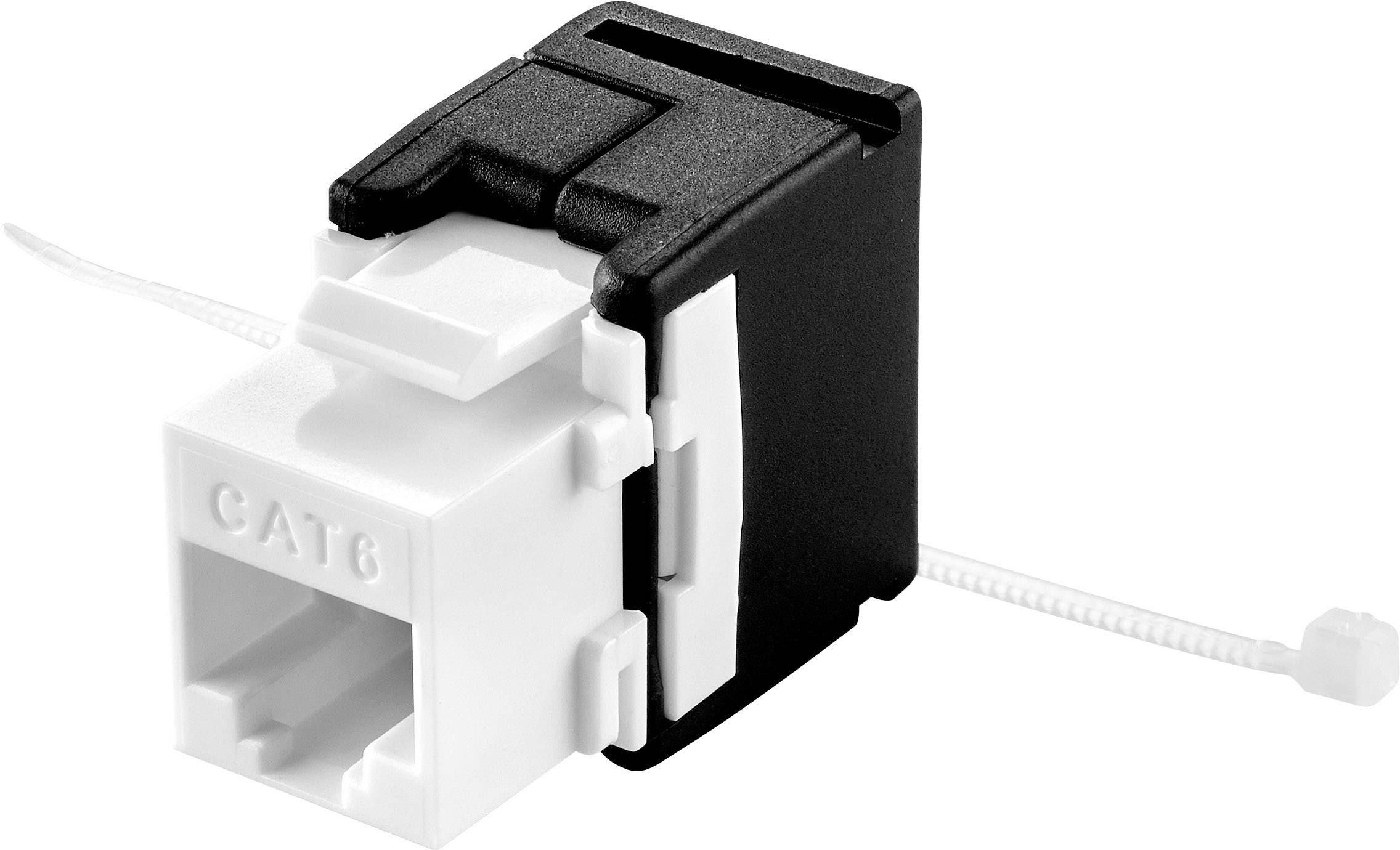 Un connecteur réseau Cat6 en noir et blanc avec un serre-câble intégré, adapté à une utilisation dans les réseaux Ethernet.