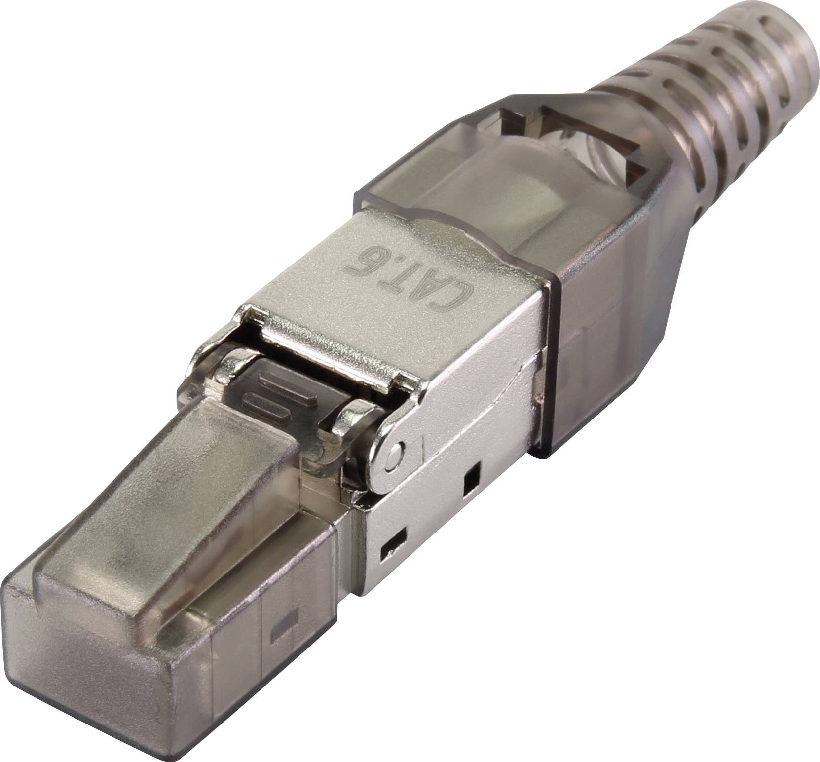 Un connecteur réseau Cat6 en métal et plastique, adapté aux réseaux Gigabit, avec un design robuste et une construction blindée.