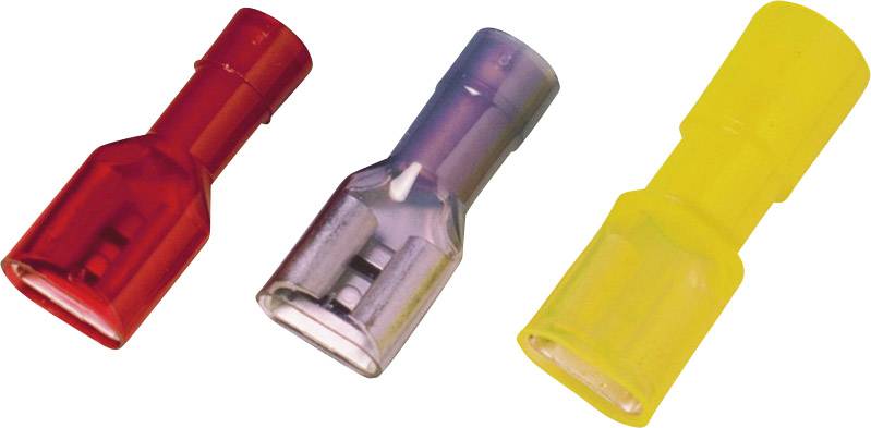 Trois cosses plates isolées en rouge, argent et jaune. Ce sont des outils pour les connexions électriques.