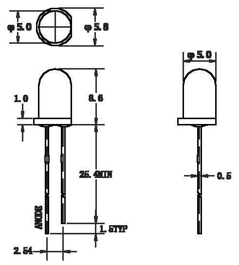 Diagramme d'un boîtier de LED avec dimensions en millimètres : diamètre supérieur 5,8, hauteur totale 8,6, longueur des broches 25,4, écart entre les broches 2,54.