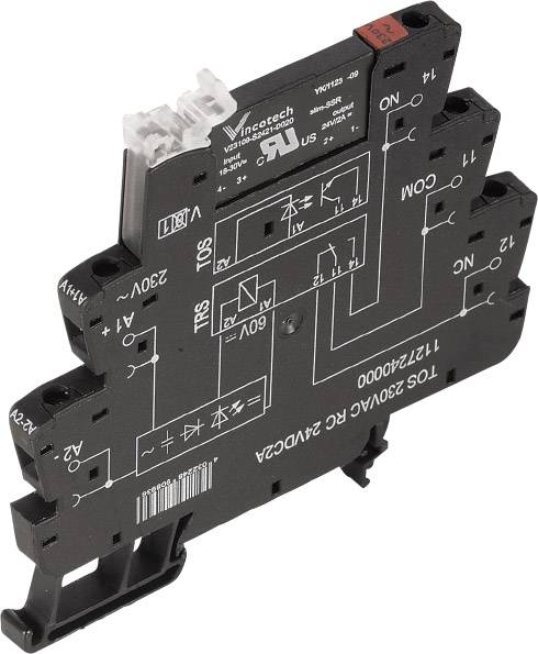 Un module de relais noir avec des schémas blancs et des marquages techniques. Il présente des symboles de connexion et de commutation pour des applications électriques.