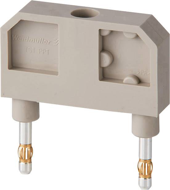 Adaptateur gris avec deux contacts métalliques, adapté pour les connexions électriques. Marquage : Weidmüller TST PPT.