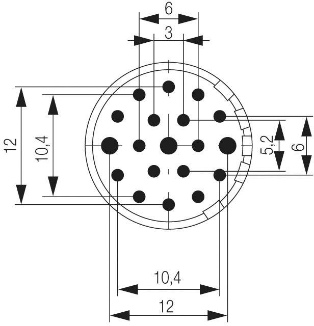 Dessin technique d'un connecteur circulaire à 19 broches. Le diamètre, les espacements et les positions des contacts sont indiqués.