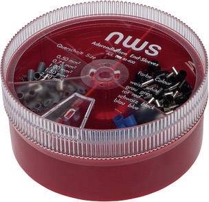 Boîte en plastique ronde contenant différentes cosses de câbles en bleu, rouge, gris et noir, de 0,25 à 4 mm², marquées 'nws'.
