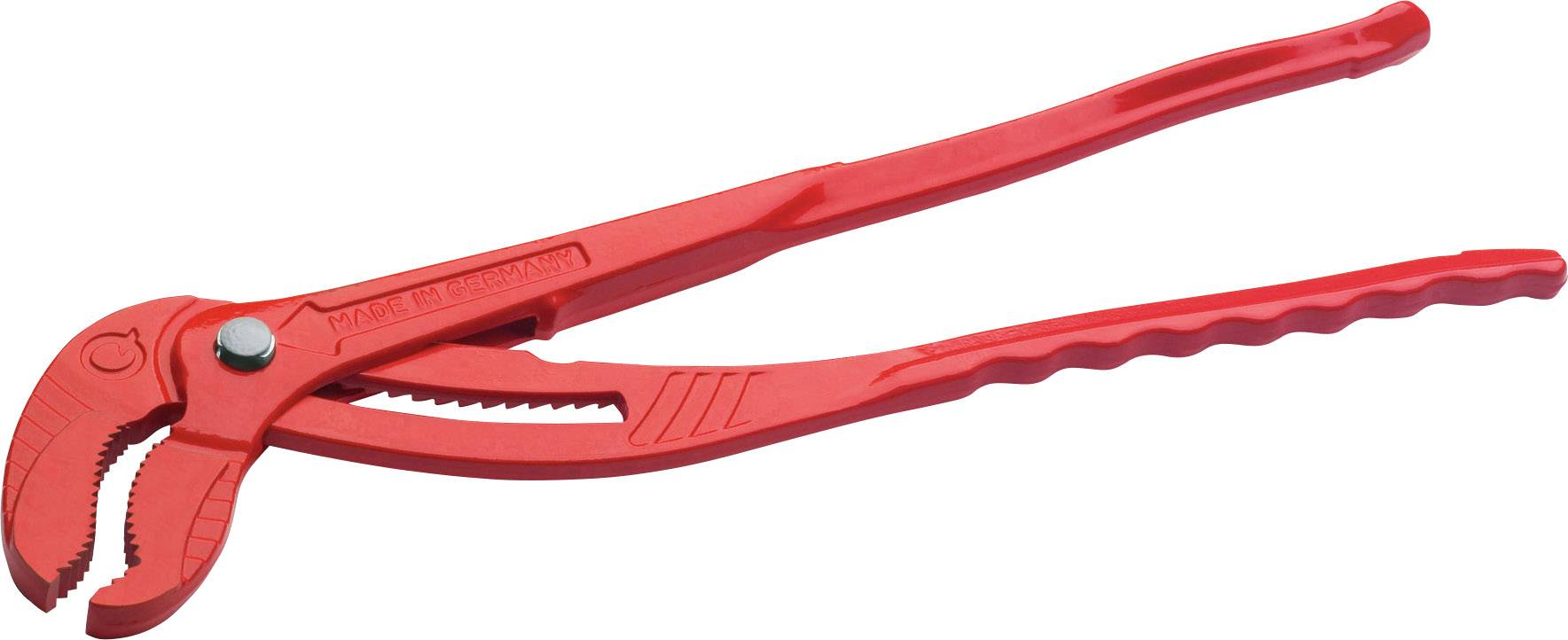 Une pince multiprise rouge avec une poignée antidérapante et une mâchoire réglable pour différentes tailles de tuyaux.