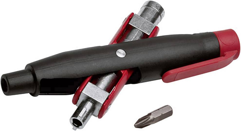 Un tournevis multifonction noir et rouge avec un embout extractible et un embout supplémentaire séparé en dessous.