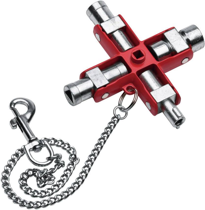 Une clé à quatre branches en forme de croix avec poignée rouge et chaîne métallique, adaptée à différents types de vis.